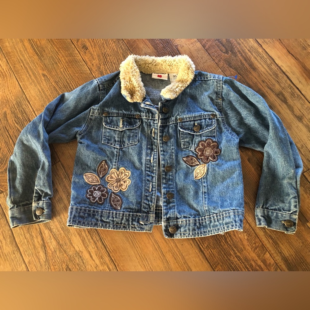 Vintage Young Hearts Denim Jacket Girl's Size 6 Fur Collar Floral Coat Tan Blue
